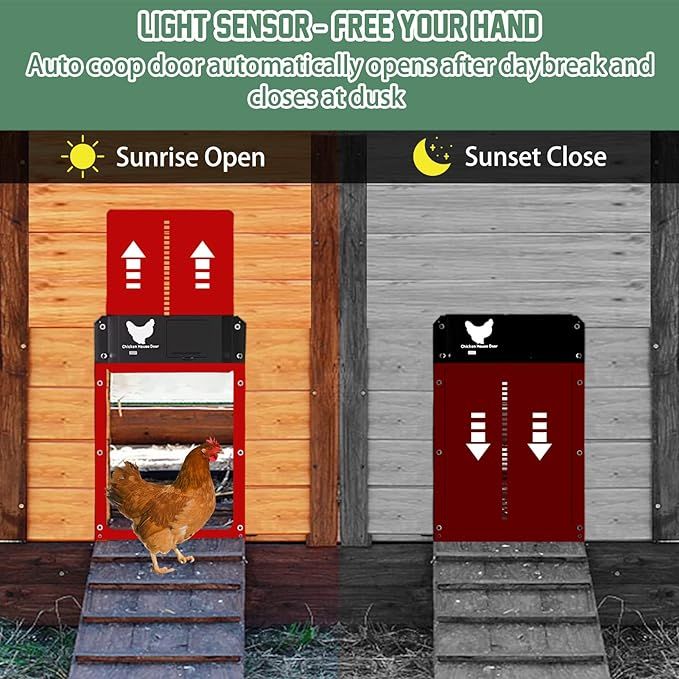 Automatic Chicken Door, Smart Light Sensor Control, Chicken Door Opener, Battery Operated, Multi Mode Chicken Flap, Evening and Morning Delayed Opening, IPX4 Waterproof (Green)