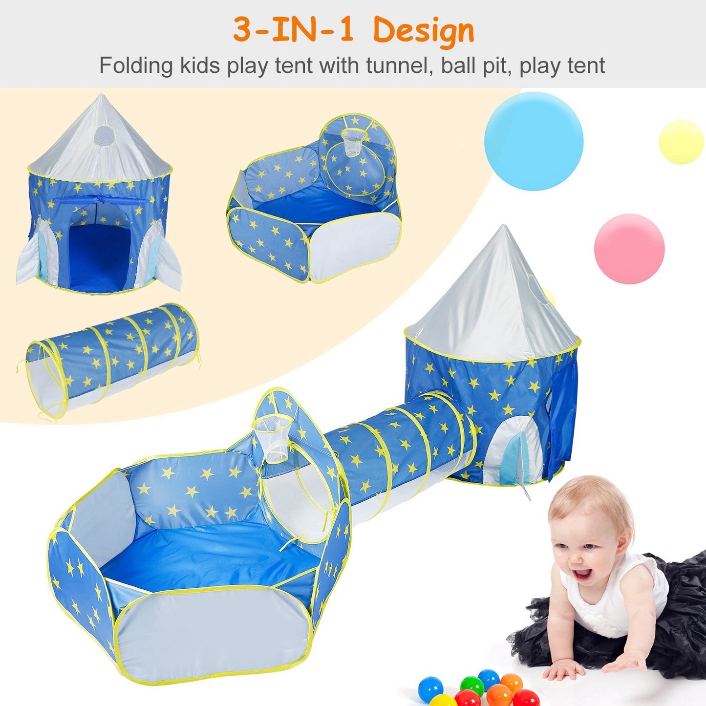 3 In 1 Child Crawl Tunnel Tent Kids Play Tent Ball Pit Set Foldable Children Play House Pop-up Kids Tent w/Storage Bag