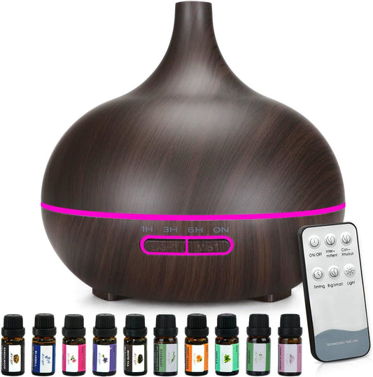 Oil Diffuser Gift Set - Essential Oil Diffuser with 14 LED Light Colors, Remote Control Wood Grain Diffusers for Home, Aromatherapy Diffuser for Large Room 400ml, Home Office with Essential Oil