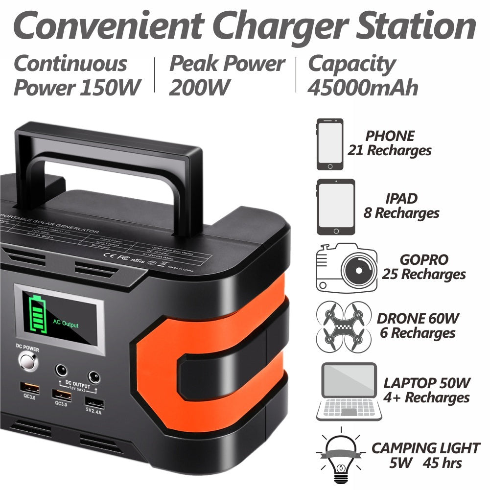 200W Peak Power Station, Flashfish CPAP Battery 166Wh 45000mAh Backup Power Pack  With 50W 18V Portable Solar Panel, FLASHFISH Foldable Solar Charger