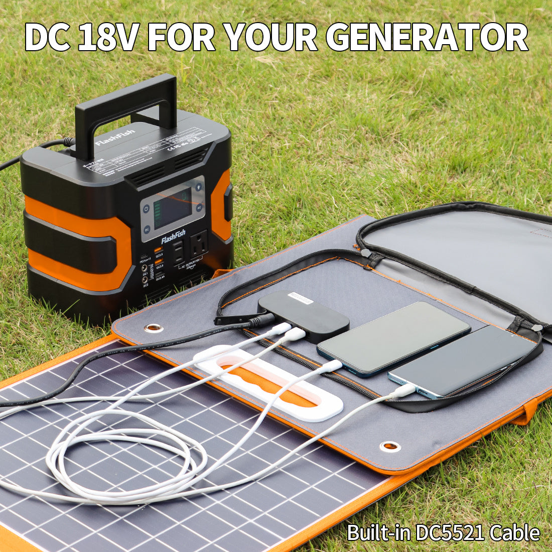 100W 18V Portable Solar Panel;  Flashfish Foldable Solar Charger with  5V USB 18V DC Output Type-C Output Compatible with Portable Generator;  Smartphones;  Tablets and More