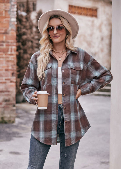 Women's Plaid Shacket Long Sleeve Button Down Flannel Shirts Plaid Jacket Coats With Chest Pocketed