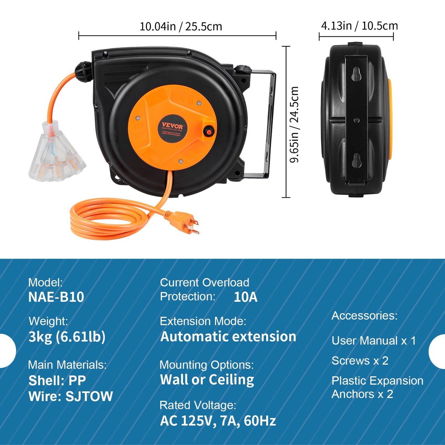 VEVOR Extension Cord Reel for Outdoor Indoor Toolshed Garage, UL/ETL Listed