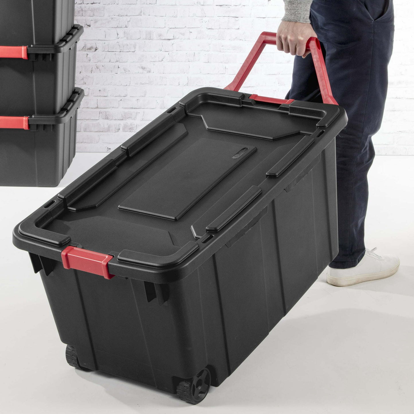 40 Gallon Wheeled Industrial Tote Plastic, Black, Set of 2