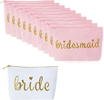 11 Piece Set of Canvas Makeup Bags for Weddings; Bachelorette Parties; and Bridal Showers