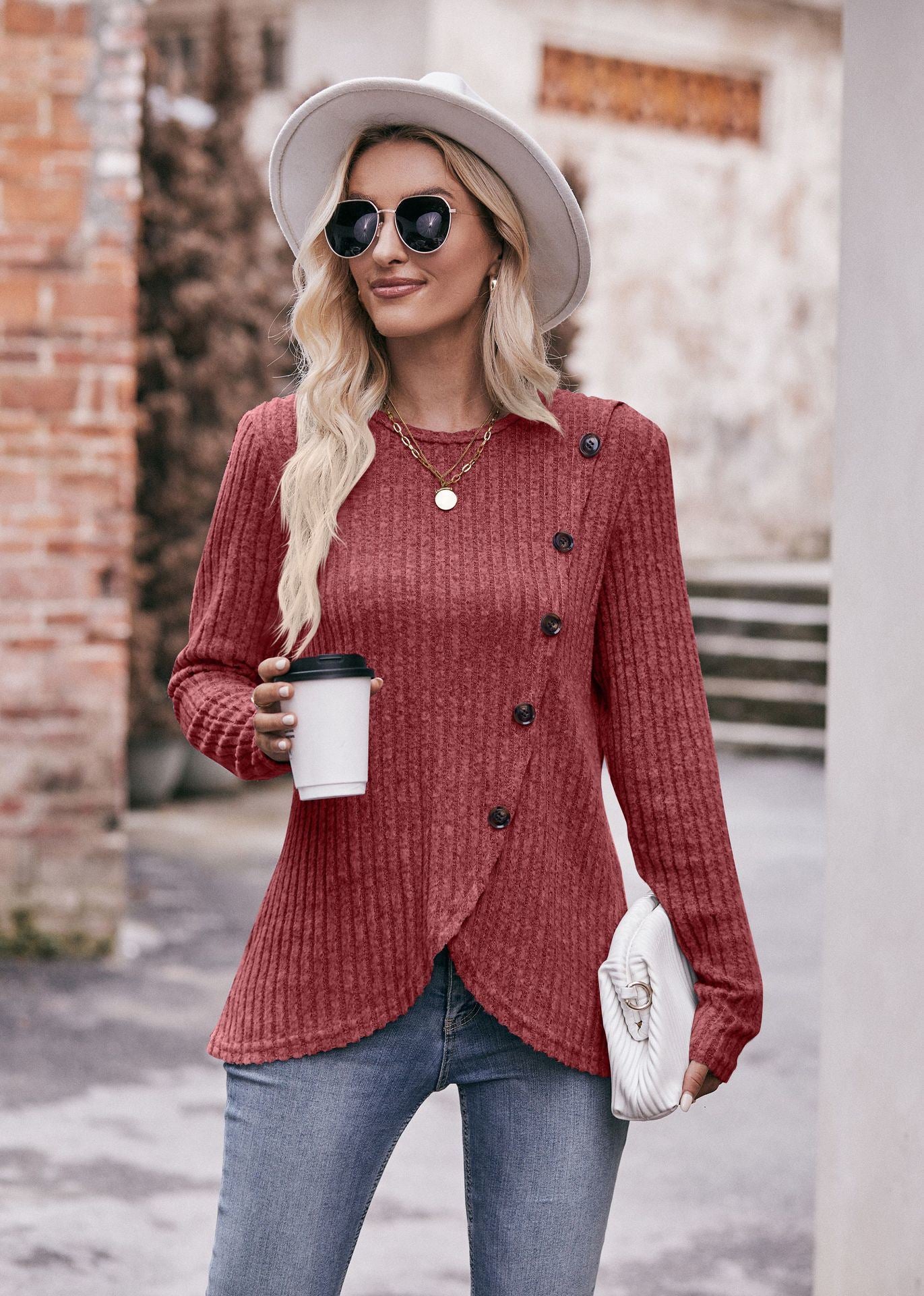 Women's Knit Sweater Round Neck Hem Solid Button Down Long Sleeve Tunics Blouses