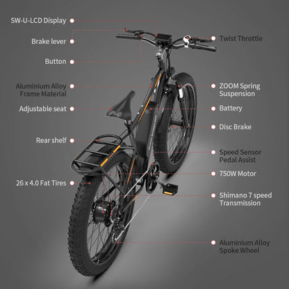 (Do Not Sell on Amazon) AOSTIRMOTOR 26" 750W Electric Bike Fat Tire P7 48V 13AH Removable Lithium Battery for Adults with Detachable Rear Rack Fender RT