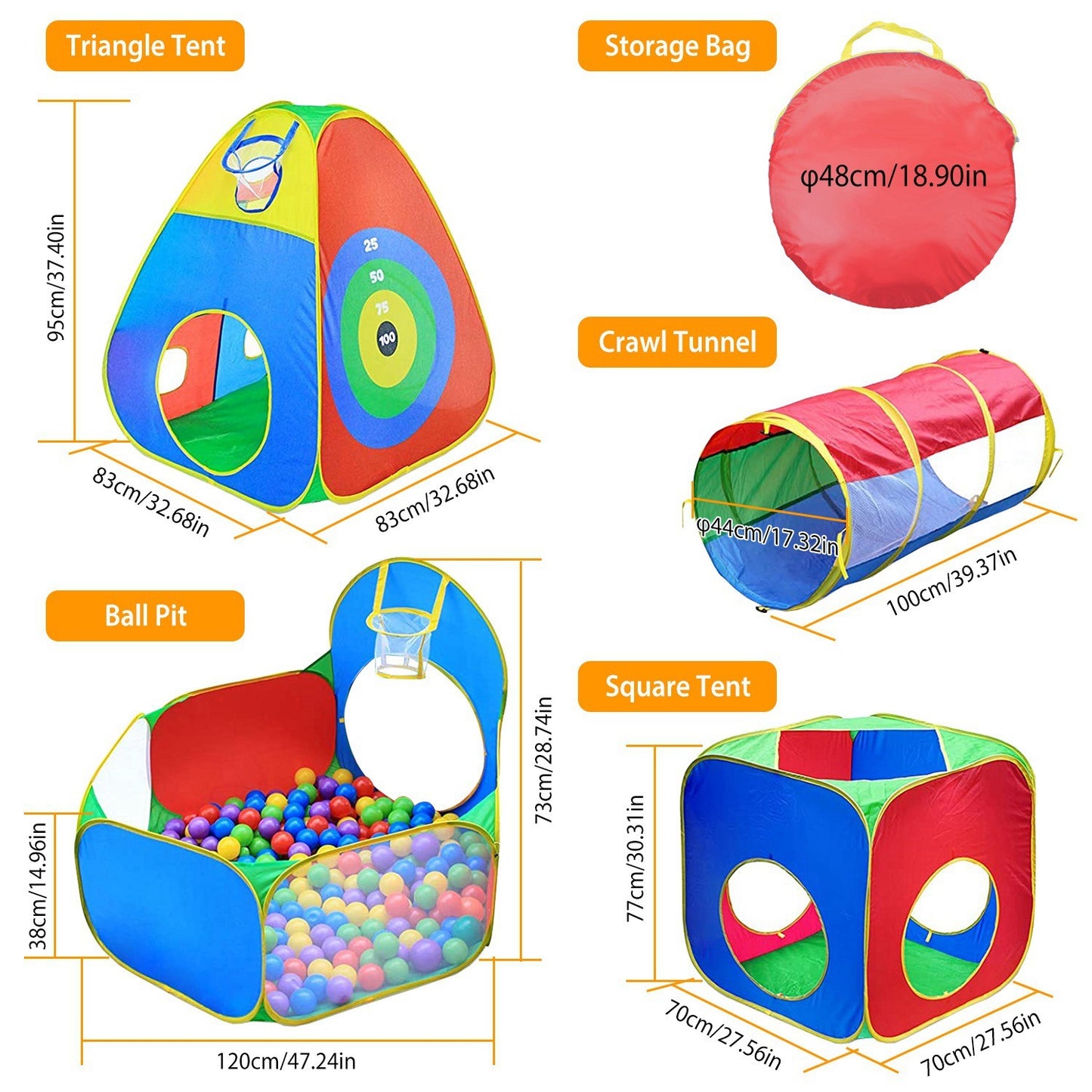 5Pcs Kids Ball Pit Tents Pop Up Playhouse w/ 2 Crawl Tunnel & 2 Tent For Boys Girls Toddlers