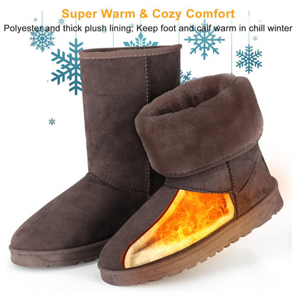 Women Ladies Snow Boots Waterproof Faux Suede Mid-Calf Boots Fur Warm Lining Shoes