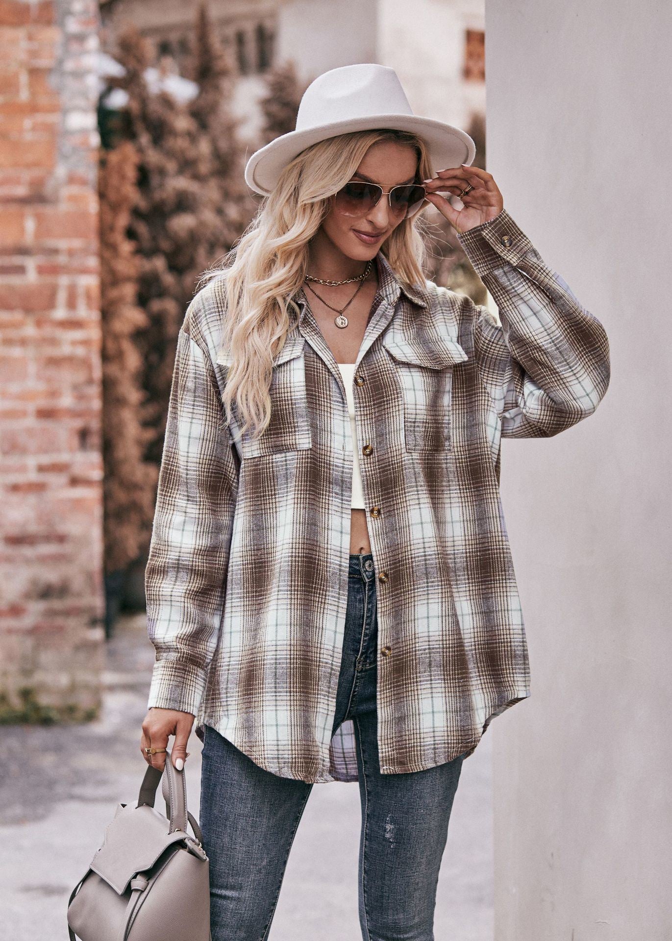 Women's Plaid Shacket Long Sleeve Button Down Flannel Shirts Plaid Jacket Coats With Chest Pocketed