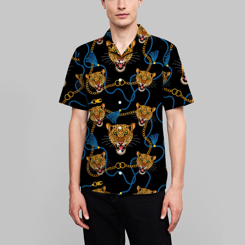 European and American New Men's Casual Shirts Short Sleeve 3D Digital Printing Leopard Printing Men's Shirts