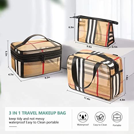 3 Pack Makeup Bag;  Travel Cosmetic Bag with Zipper Handle Waterproof Striped Transparent Toiletry Bag Portable Organizer Cases Set for Women and Girls Storage Bag