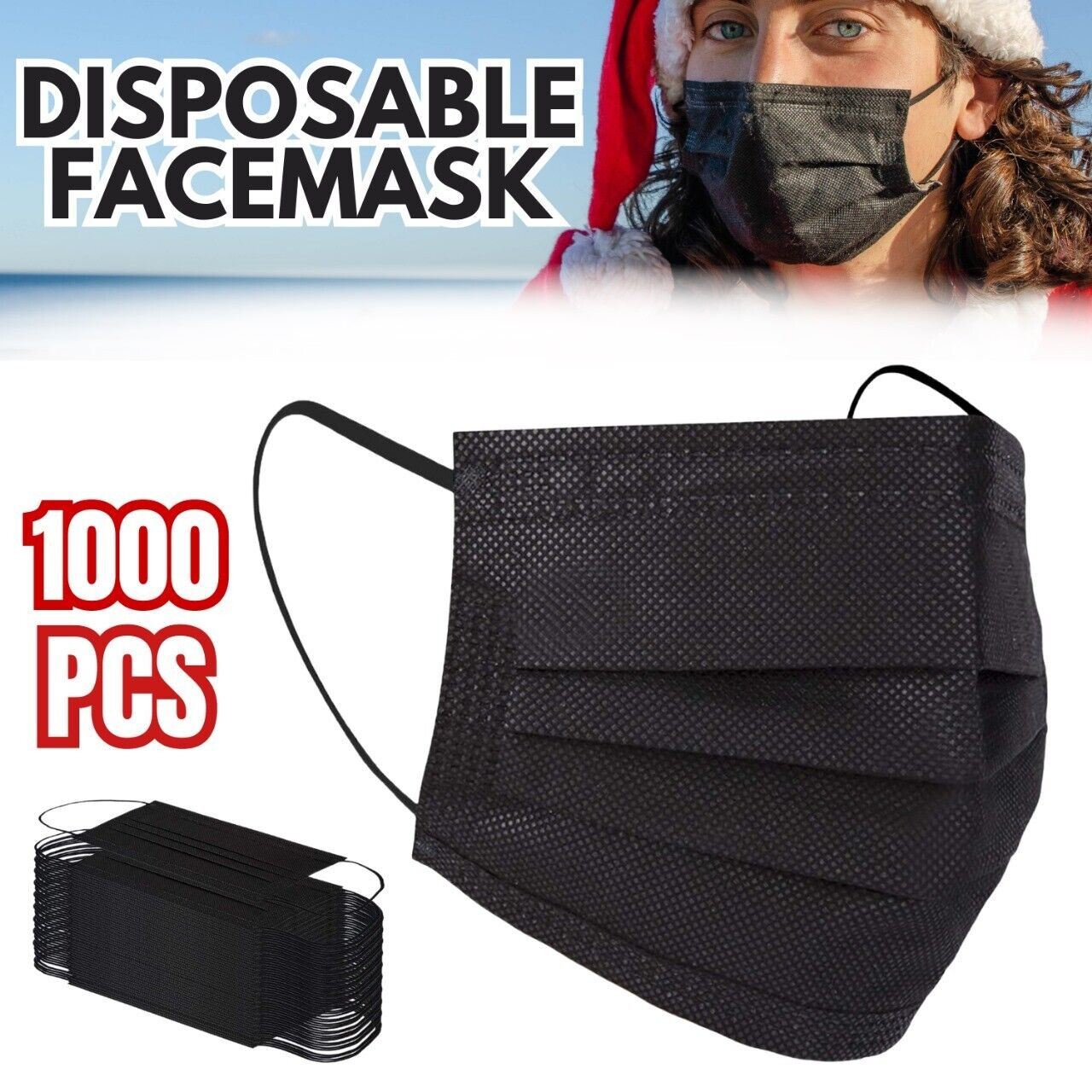 1000 PCS Protective Disposable Face Mask Cover 3 Ply Disposable Masks - Black