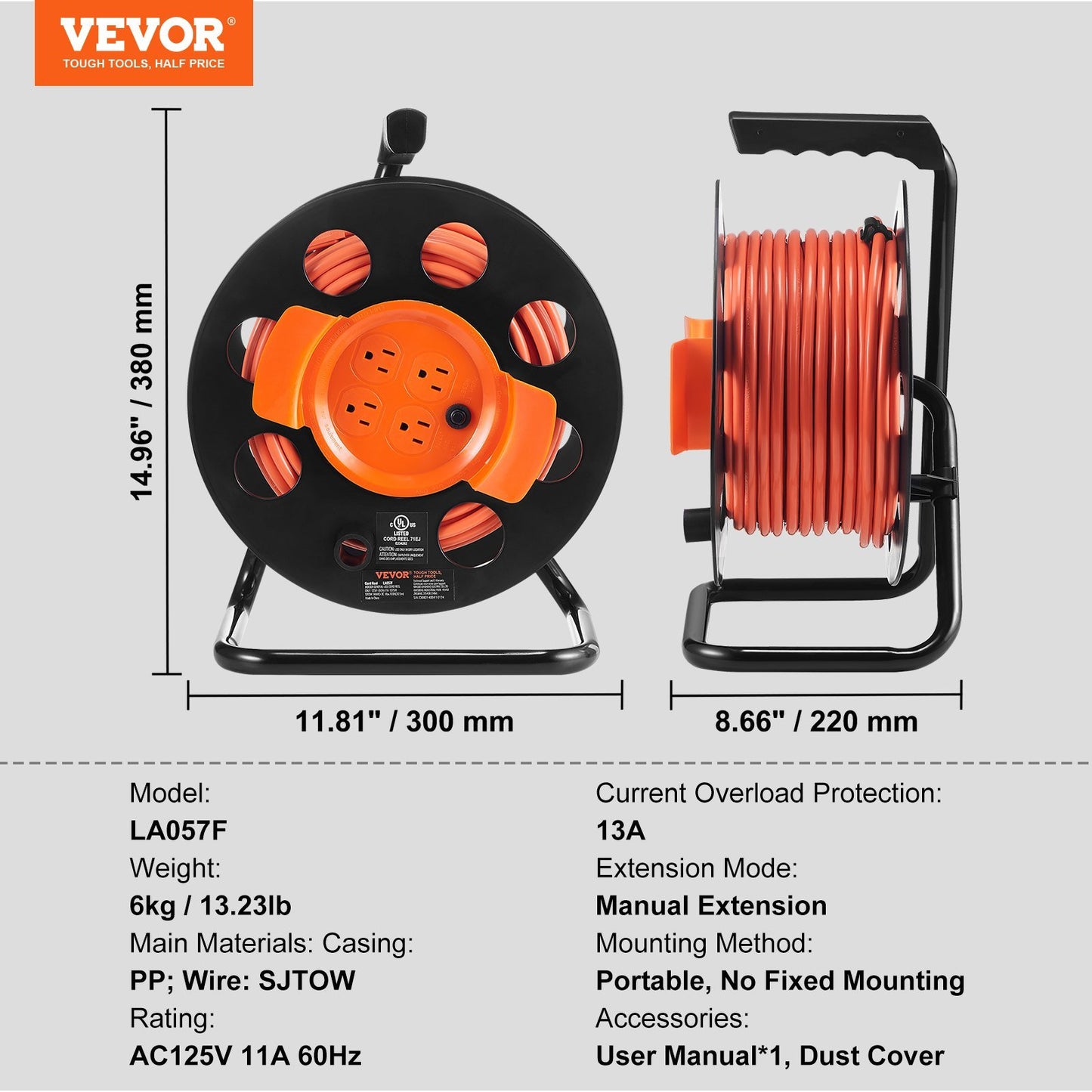 VEVOR Extension Cord Reel for Outdoor Indoor Toolshed Garage, UL/ETL Listed