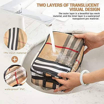 3 Pack Makeup Bag;  Travel Cosmetic Bag with Zipper Handle Waterproof Striped Transparent Toiletry Bag Portable Organizer Cases Set for Women and Girls Storage Bag