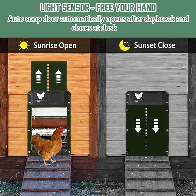 Automatic Chicken Door, Smart Light Sensor Control, Chicken Door Opener, Battery Operated, Multi Mode Chicken Flap, Evening and Morning Delayed Opening, IPX4 Waterproof (Green)