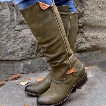 Women's Mid Calf Boots Vintage British PU Leather Shoes Woman Low Heel Zip Sewing Ladies Fashion Retro Long Boots Women 2022