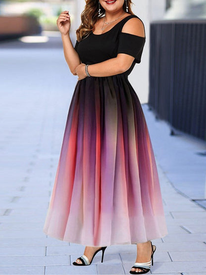 Size Ombre Print Cold Shoulder Maxi Dress; Women's Slight Stretch Elegant Short Sleeve Long Prom Dress