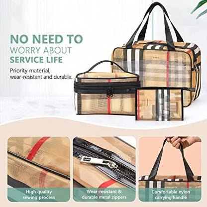 3 Pack Makeup Bag;  Travel Cosmetic Bag with Zipper Handle Waterproof Striped Transparent Toiletry Bag Portable Organizer Cases Set for Women and Girls Storage Bag