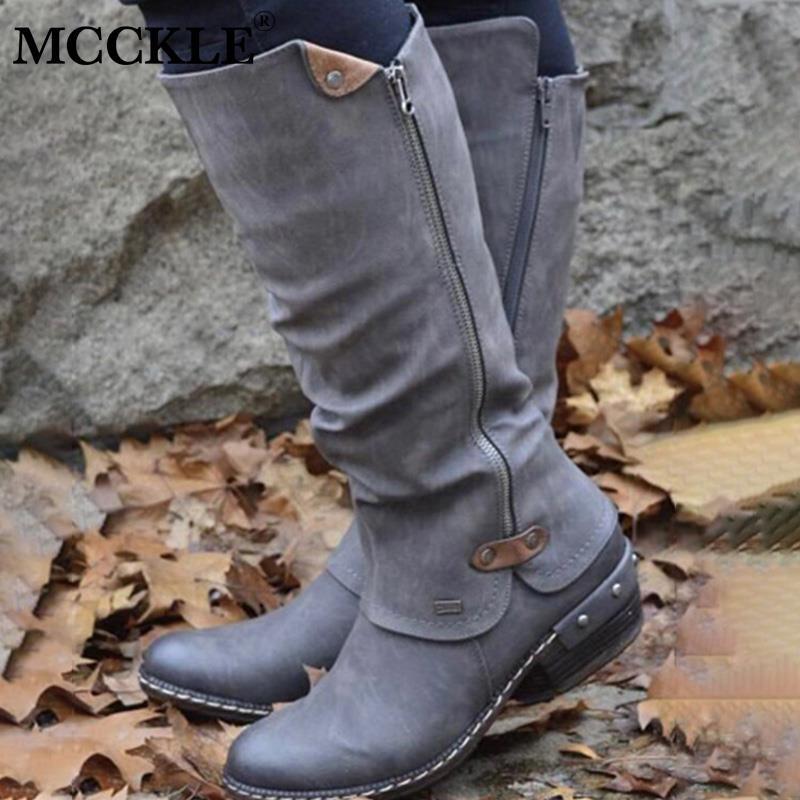 Women's Mid Calf Boots Vintage British PU Leather Shoes Woman Low Heel Zip Sewing Ladies Fashion Retro Long Boots Women 2022