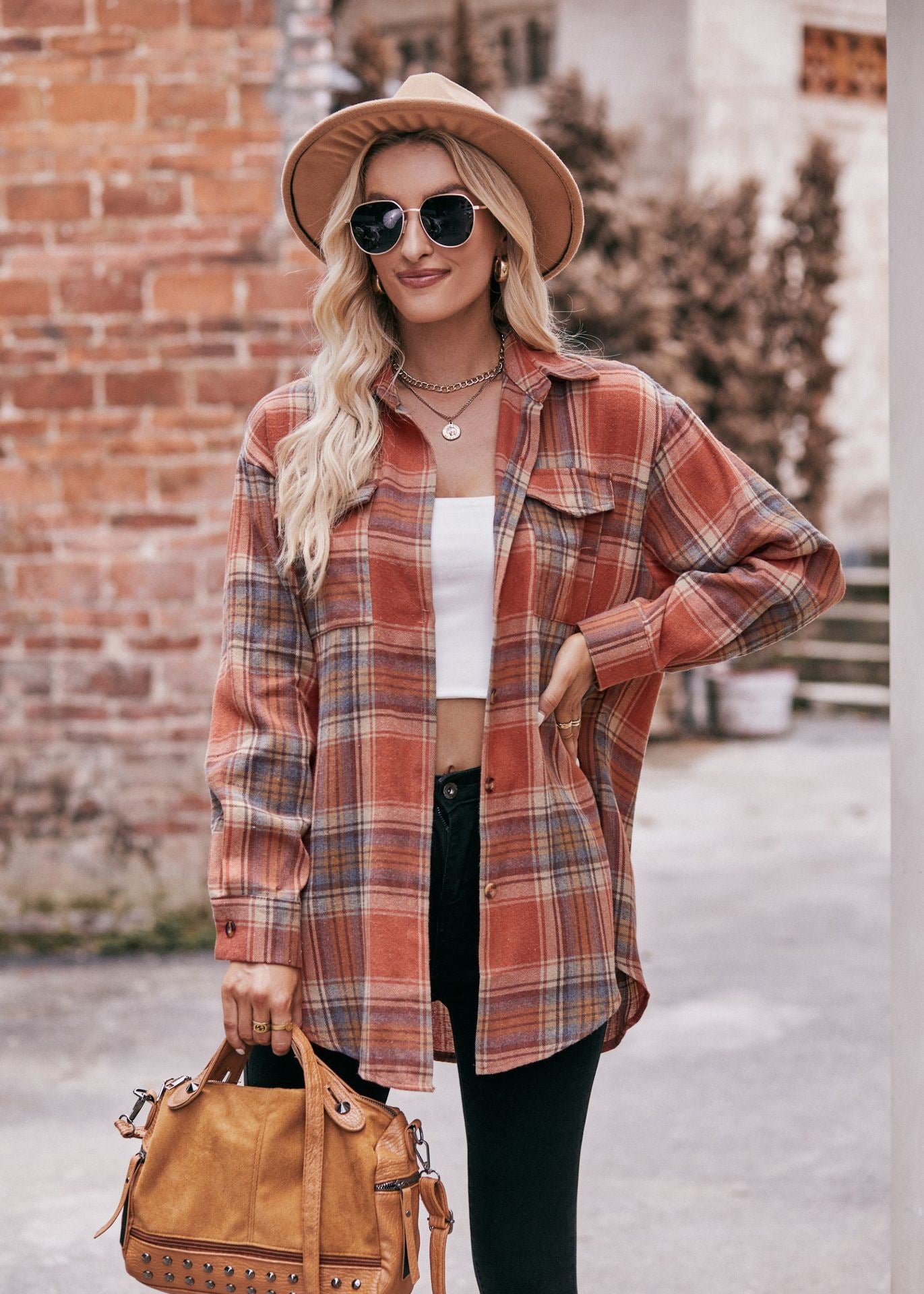 Women's Plaid Shacket Long Sleeve Button Down Flannel Shirts Plaid Jacket Coats With Chest Pocketed