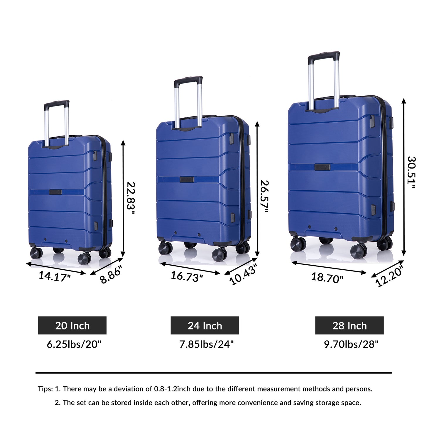 Hardshell Suitcase Spinner Wheels PP Luggage Sets Lightweight Suitcase with TSA Lock,3-Piece Set (20/24/28) ,Navy