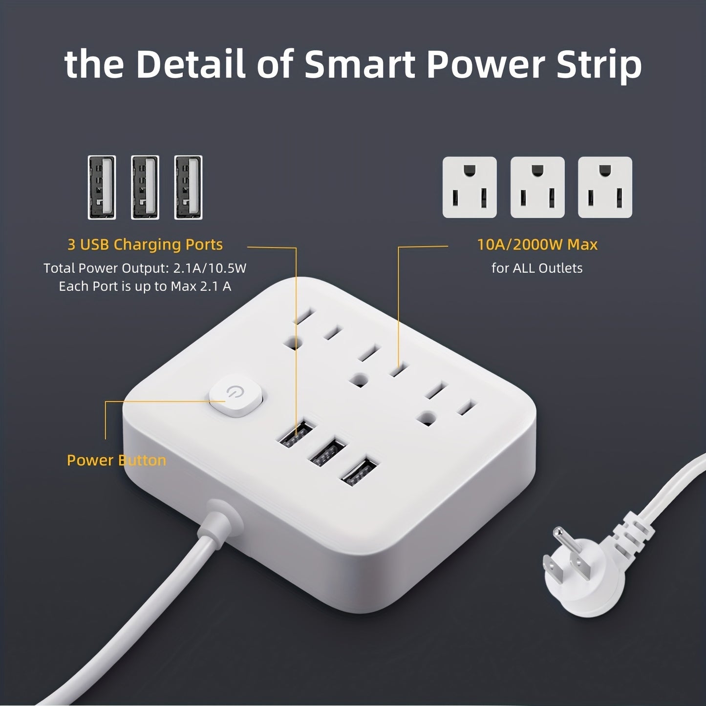 1pc Power Strip; Power Strip Surge Protector; 3 AC Outlets 3 USB 1 Power Button; Flat Plug; Desktop Charging Station With Overload Protection; For Home; Office; Travel; Computer; Black White