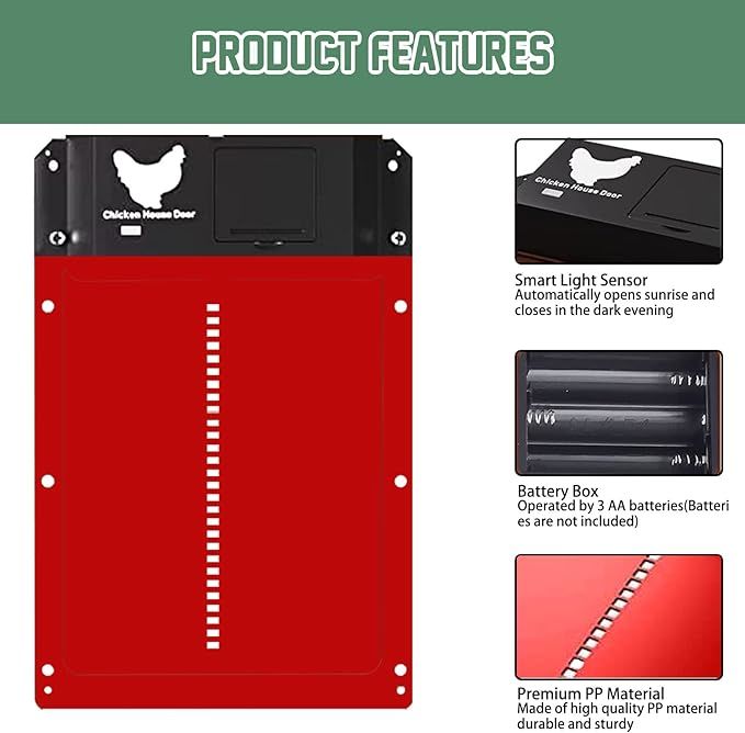 Automatic Chicken Door, Smart Light Sensor Control, Chicken Door Opener, Battery Operated, Multi Mode Chicken Flap, Evening and Morning Delayed Opening, IPX4 Waterproof (Green)