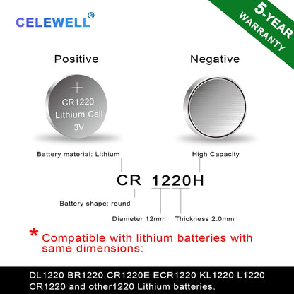 CR1220 5-Pack 3V Lithium Battery 40Mah for LED Light/Bracelet/Flashlight【5-Year Warranty】